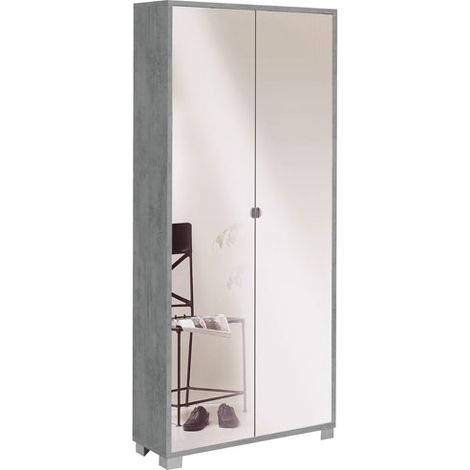 Armadio multiuso slim due ante a specchio otto ripiani Beton Cemento 83x29x h190 cm