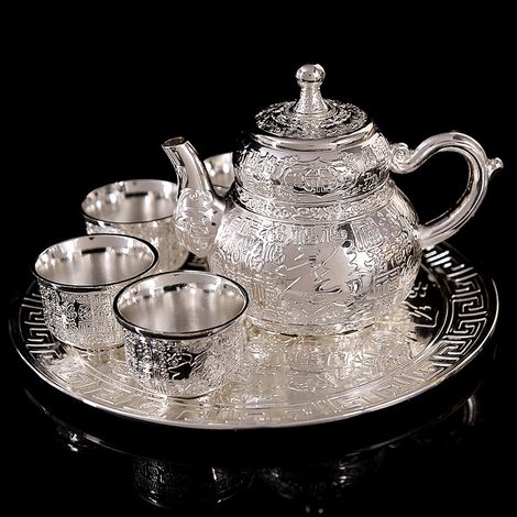 Service à thé Baifu (argent), comprenant une théière et une tasse en argent massif faites à la main. (1/4)