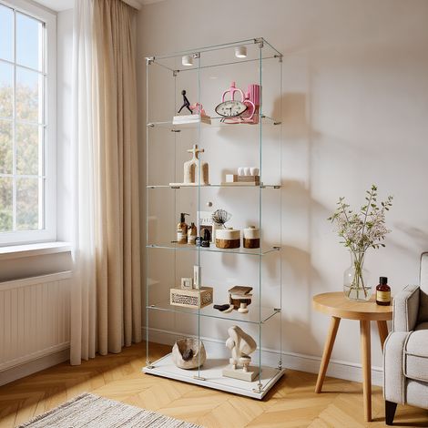 Vitrine en Verre avec Éclairage tactile, Armoire vitrine pour Collection avec 2 porte et 5 étagères, Meuble Vitrines, pour chambre, salon et salle à manger, 78 x 34 x 186 cm, Blanc (1/5)