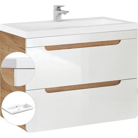 Waschtischunterschrank 81 cm mit Keramik-Waschtisch LUTON-56 Hochglanz weiß mit Wotan Eiche Nb. B/H/T ca. 81/63/46 cm (1/5)