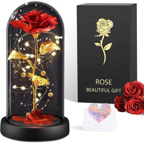 Rose Éternelle sous Cloche avec LED – Rose Rouge Belle et la Bête, Cadeau Femme Saint-Valentin Anniversaire Noël pour Maman Épouse