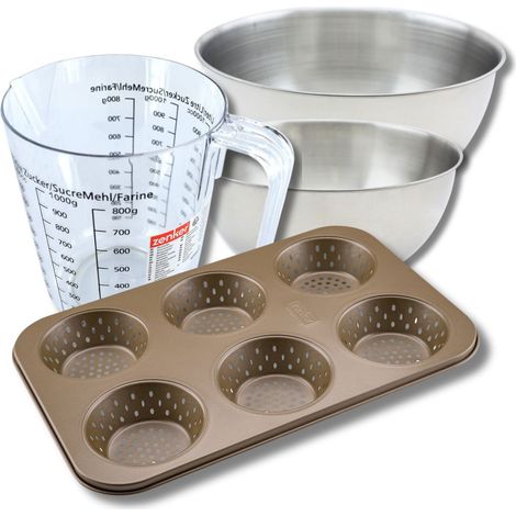 Set pâtisserie avec moule à 6 petits pains 33 x 22 cm en acier, 2 bols à mixer, verre mesureur et spatule Zenker (1/5)