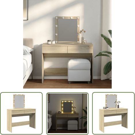 The Living Store Coiffeuse avec LED chêne sonoma 100x40x130 cm - Coiffeuse - Meuble De Salle De Bain - Vanity - Table De Maquillage - Éclairage Led (1/5)