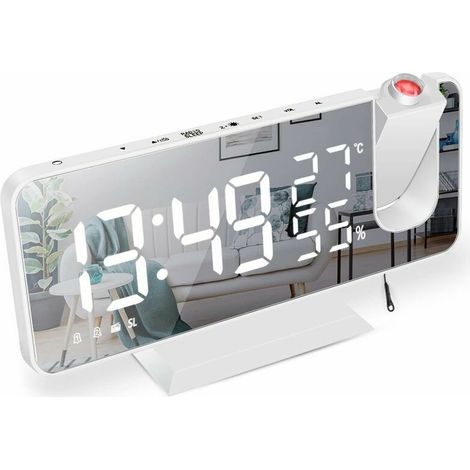 Reveil Projecteur,Radio Réveil avec Température,Humidité,Ecran LED Miroir de 7,5 Pouces,Snooze Double Alarme,4 Luminosité de L'écran avec Fonction de Gradation Automatique,Port de USB (Blanc) (1/5)