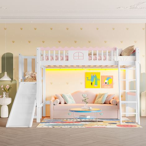 Lit d'enfant, lit en mezzanine 90x200 cm, avec éclairage LED, avec étagère, avec toboggan, certifié EN747, pin, blanc (1/5)