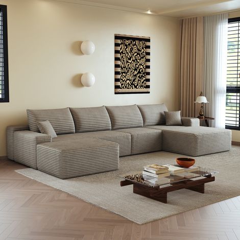 Sofá esquinero modular 340 cm con chaise longue en L, sin montaje, Camel HAVRYA (1/5)