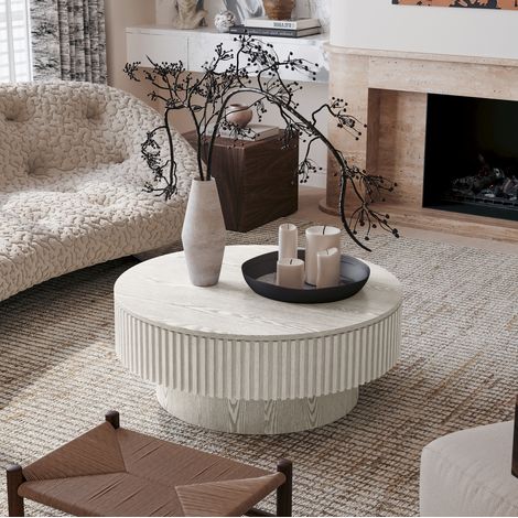 Table basse ronde 75x75x35 cm en MDF et bois blanc, gain de place pour salon FloraGrace (1/5)