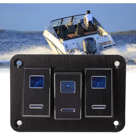 Umbaubares Bedienfeld für die Mittelkonsole von Autos, Wohnmobilen und Yachten, wasserdichte 3-Wege-Metallbaugruppe, Bedienfeld aus gebürstetem Metall, schwarz eloxiert, zwei blaue EIN/AUS-Schalter. (1/5)