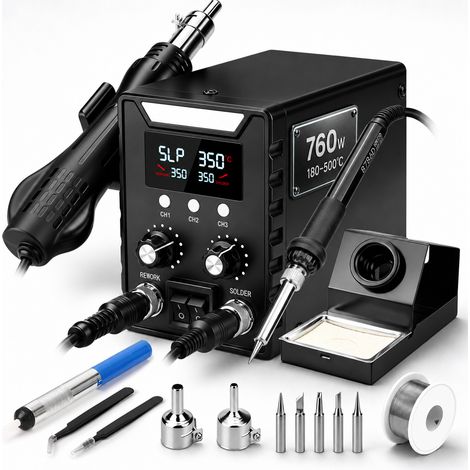 760W Station de Soudage et Dessoudage 2‑en‑1 Pistolet Air Chaud  Fer À Souder Régulation PID Écran LED Température Max 500°C 3 Mémoires Fonction Veille Automatique Boîtier Métallique pour Réparation C