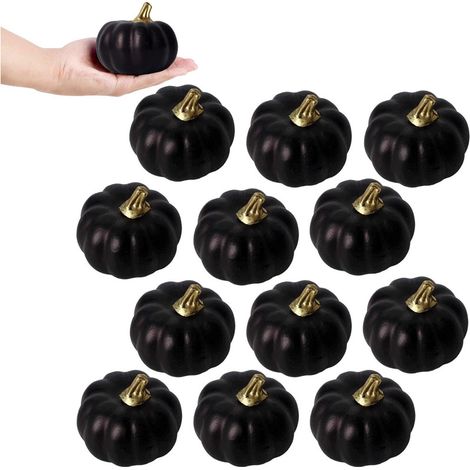 Lot de 12 citrouilles artificielles en mousse pour Halloween, mini, noires, décoration festive d'automne, intérieur et extérieur (1/5)
