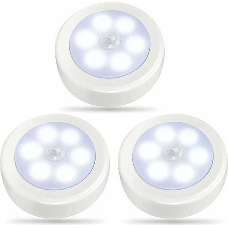Lot de 3 lampes à détect de mouvement d'intéri, lampes de placard à LED, veilleuse à piles, applique murale sans fil pour escalier, marche, couloir, garage, entrée (blanc froid)