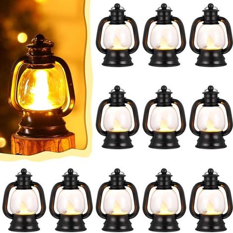 Lot de 12 mini lanternes décoratives, lanternes western de 10 cm pour décoration de table, petites lampes suspendues vintage pour camping, bijoux de 10 cm noires (1/5)