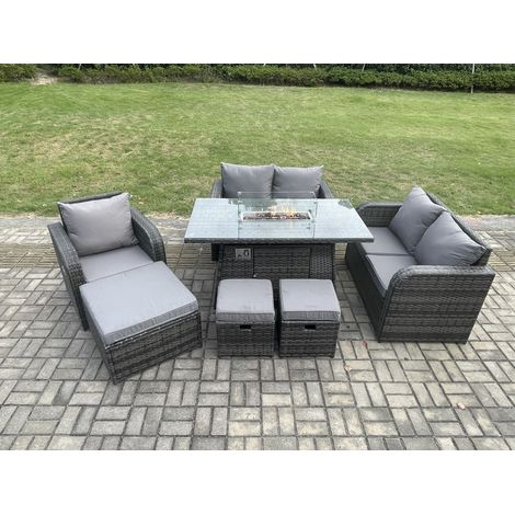 Fimous Outdoor Sofa Rattan Gartenmöbel Set Patio Gas Feuerstelle Esstisch und Liegestuhl Set mit 3 Fußhockern Dunkelgrau Gemischt (1/5)