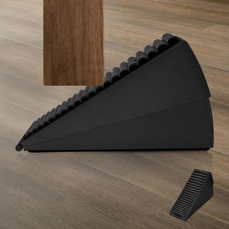 Tope de puerta de cuña de 7,6 cm, para suelo, resistente, de acero inoxidable, antideslizante, con cubierta de goma, soporte de metal negro para interiores. (1/5)