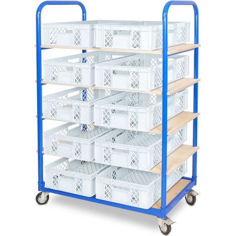 BRB Etagenwagen mit 5 Ebenen, BxTxH 1050x500x1450 mm bestückt mit 10 Euroboxen BxTxH 600x400x150 mm, durchbrochen (weiß) (1/3)