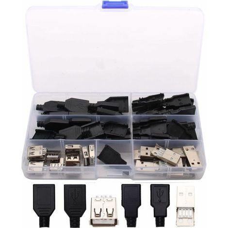 20 conectores USB tipo A macho soldables, conector USB 2.0 tipo A macho de 4 pines hembra con cubierta de plástico para proyectos de bricolaje - negro + plata (1/5)