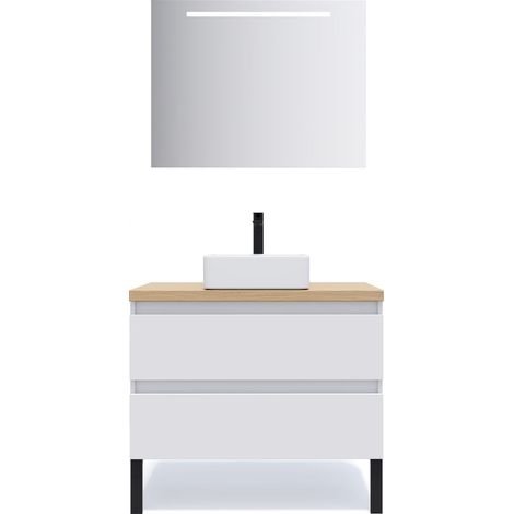 Meuble de salle de bain suspendu vasque à poser 90cm 2 tiroirs Blanc + miroir - Hudson (1/5)