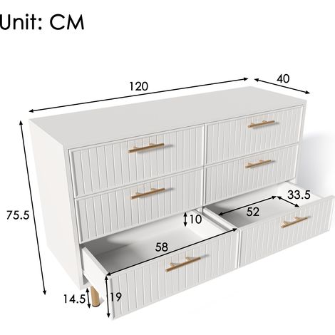 Commode blanche 6 tiroirs, meuble de rangement haut H75xL120xP40 cm, buffet pour chambre et salon