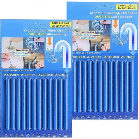 Lot de 2 paquets de 24 bâtonnets déboucheurs, bâtonnets multi-usages pour le nettoyage des canalisations de cuisine, baignoire et lavabo, préviennent les bouchons et éliminent les odeurs d'égout. (1/4)