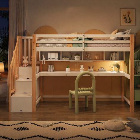 Lit mezzanine 90 x 200 cm enfant en bois blanc et marron avec bureau intégré et rangement (1/5)