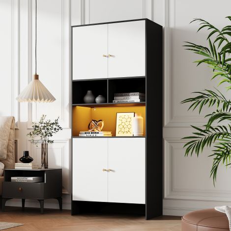 Vitrine 80x40x185cm - avec éclairage LED - avec 4 portes et 3 compartiments de rangement ouverts - Blanc + Noir