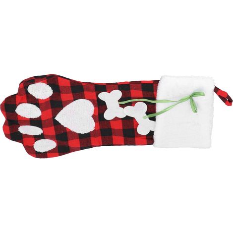 Bas de Noël en forme de patte de chien mignonne à accrocher pour déco Noël rouge et noir à carreaux (1/5)
