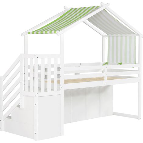 Letto a castello per bambini con scala contenitore, armadio e cassapanche, 90x200 cm, bianco e verde (1/5)