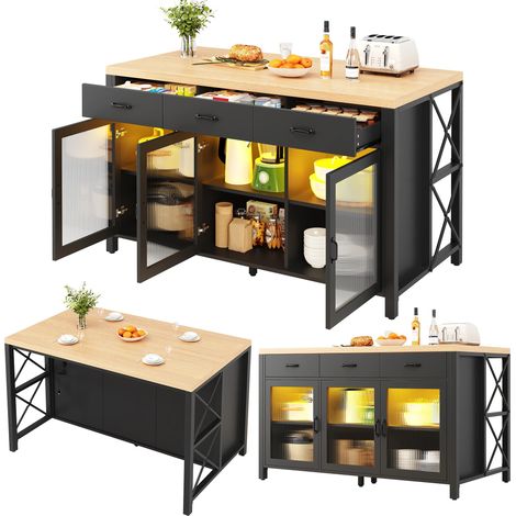 Îlot de cuisine,Armoire de cuisine avec 3 tiroirs & Porte vitrées,Table à manger LED intégrée,150×80×90cm,Noir (1/5)