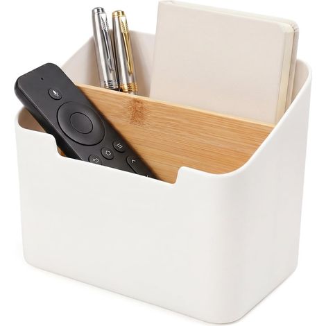 Remote Control Holder, 2-Compartment Storage Unit in Bamboo and Plastic, Toll Card Holder and Small Items for Living Room, Bedroom, Remote Control Organizer