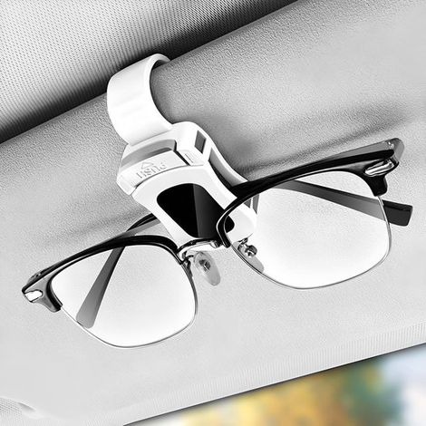 Portaocchiali da sole per aletta parasole – Pratico supporto per occhiali, biglietti e carte, con imbottitura in schiuma – Accessorio universale per interni auto (bianco) (1/4)