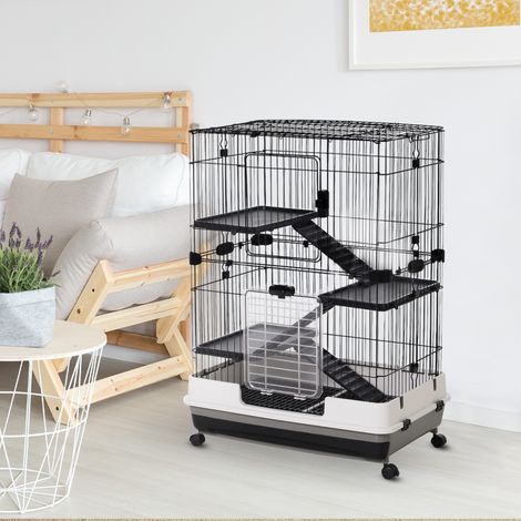 Cage pour petits animaux, cage à 4 niveaux pour cobayes avec toit ouvert, verrous de sécurité, cage pour lapins, clapier pour petits animaux avec 3 ouvertures, échelle et tiroirs, noire, 81,2 x 52,7 x (1/5)