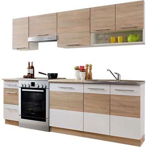 Dusine – Cuisine complète LAX 7 éléments – Finition bois et blanc mat – Longueur 240 cm – Caissons en mélaminé certifié FSC