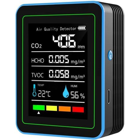Moniteur de CO2, 5 en 1 de qualité de l'air intérieur, détecteur de dioxyde de Carbone Portable, rétroéclairage LCD, CO2, TVOC, HCHO, PM2.5, PM10, testeur avec réveil pour la Maison (1/4)