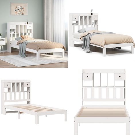 Cama con estantería sin colchón madera maciza blanco 90x200 cm - Cama sin colchón - Cama de madera