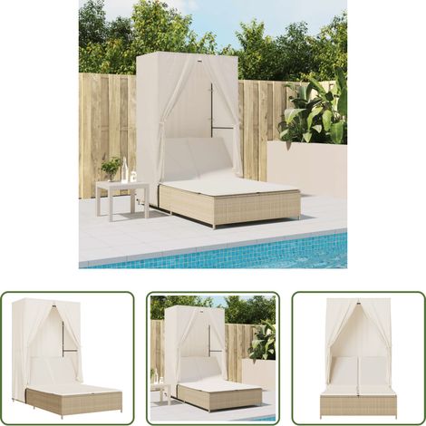 Chaise longue extérieure - Chaise longue double avec toit et rideaux beige résine tressée (1/5)