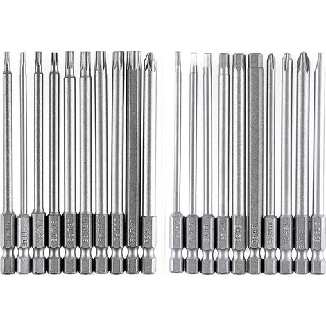 20-teiliges Set langer, magnetischer Bits, 100 mm, Torx T8–T40, Sechskant H2–H6, PH1/PH2, PZ2, Schlitzbit, 1/4"-Sechskant