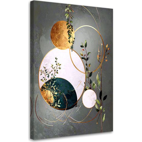 Impression sur Toile, Abstraction gris-doré de cercles et de feuilles,20x30 (1/4)