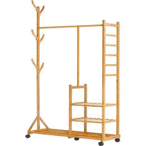 4 en 1 Portant Penderie à Vêtements en Bambou, avec Porte-Manteau sur Le Côté Design Arbre avec des Crochets, 3 Etagères de Rangement, avec Roues Universels (Bambù)