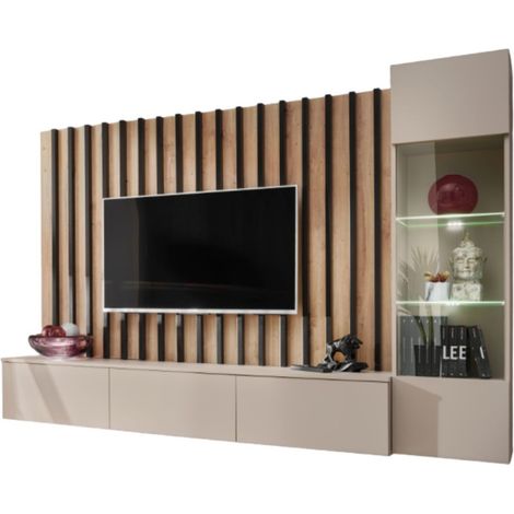 Composizione murale TASHYA – Mobile TV, vetrina sospesa e pannello murale – Rovere Artigiano e bianco sabbia