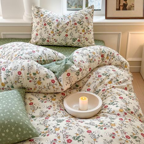 Parure de lit 135 x 200 cm en coton vert beige avec motif floral, parure de lit vintage pour filles, housse de couette et taie d'oreiller 80 x 80 cm avec fermeture éclair (1/5)
