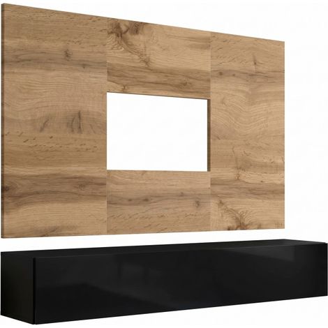Ensemble meuble TV mural Switch PR1 - Bois MDF noir et chêne Wotan - 180 x 148 x 40 cm - Livraison gratuite (1/2)