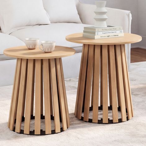 Lote de 2 mesitas auxiliares redondas, mesitas de salón o mesitas de noche CARMEN de 40/45 cm, con patas de listones de madera y (1/5)