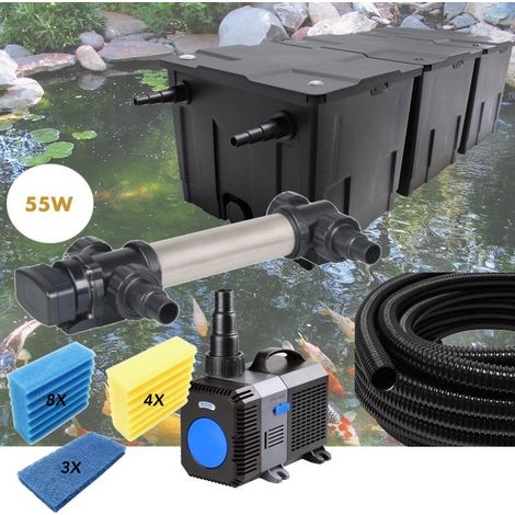 Kit Filtration UV 55 W, Acier Inoxydable, + Jeu de mousses Bassin de Jardin: 40-60 m³ (1/5)