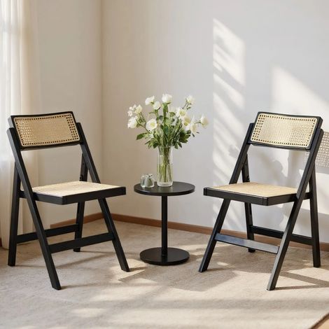 Wahson 2 PZ Sedie da Pranzo Sedia Pieghevole in Legno, Sedia da Cucina con Schienale in Rattan per Sala da Pranzo/Soggiorno, Nero