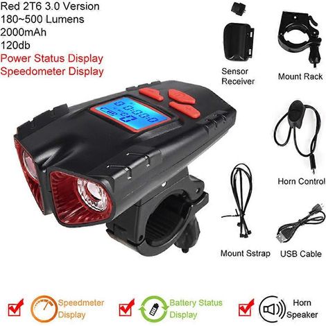 Éclairage vélo rechargeable USB avec sonnette et 4 modes d'éclairage pour vélo de route et VTT (1/4)