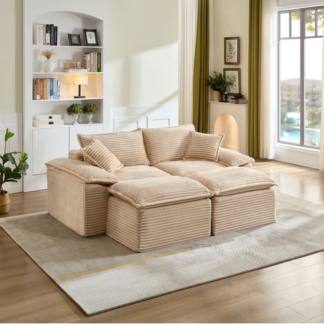 Divano compatto a 2 posti 206x158x66 cm con pouf, imbottitura in schiuma ad alta resilienza e molle, rivestimento in velluto a coste - beige (1/5)
