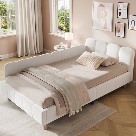 Kinderbett 90 x 200 cm aus beigefarbenem Bouclé mit Kopfteil, Rausfallschutz und Lattenrost (1/5)