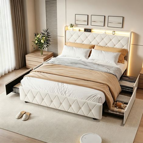 Lit coffre 140×200cm, lit double avec lumière LED et port USB, lit capitonné avec tiroirs grande capacité, rangement sous le lit, sommier à lattes, lit adulte, lit ados, Velours, Beige