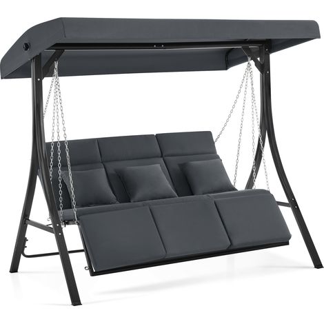 M MCombo Hollywoodschaukel mit Liegefunktion, Gartenschaukel 3 Sitzer Wetterfest, Outdoor Schaukelbank mit Metallketten, Verstellbarem Dach, 123194169 cm, 8018 (Dunkgelgrau)