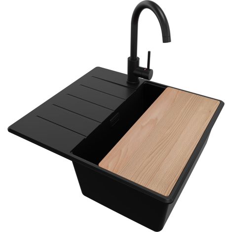 PRIMAGRAN Evier Cuisine en Granit 55x50cm, Lavabo 1 bac + Kit de Vidage + Accessoire, Évier à Encastrer au meuble 40cm - Copenhague, Tout Noir (1/5)
